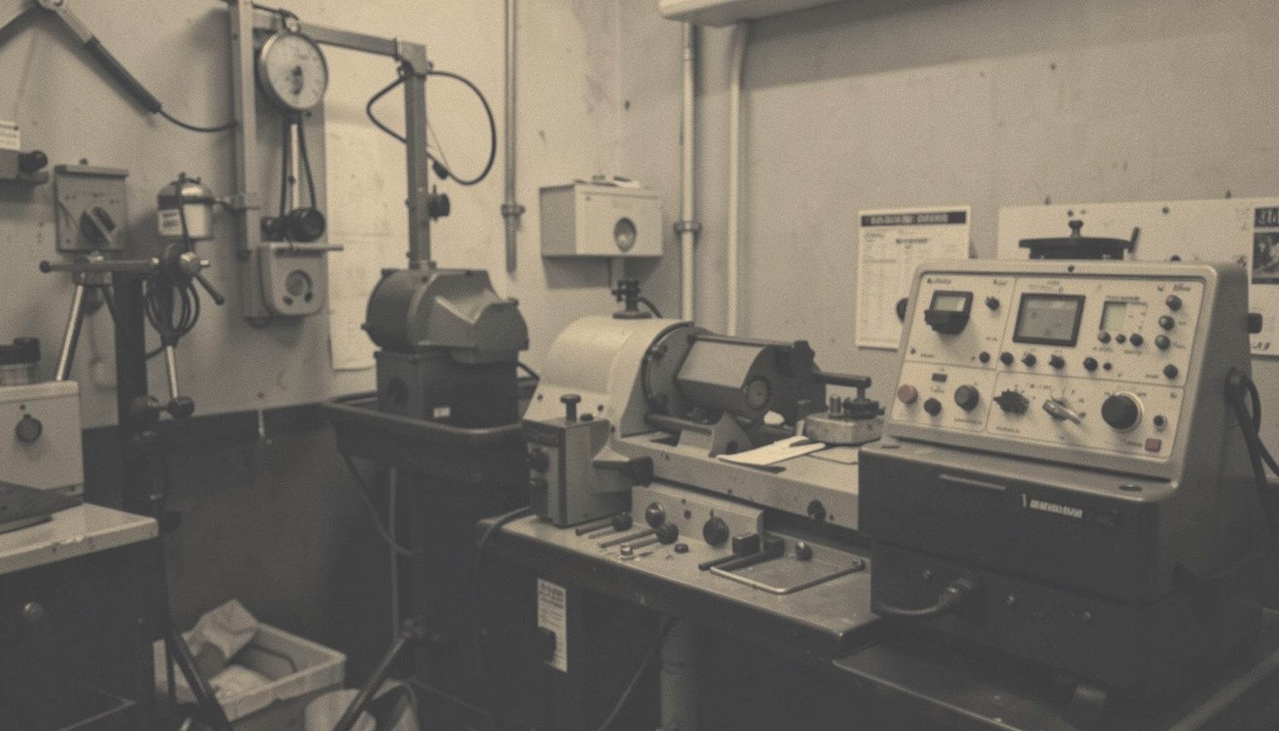 A duotone photograph in muted charcoal and warm beige of studio rack equipment and a lathe control panel, softly lit with subtle reflections
